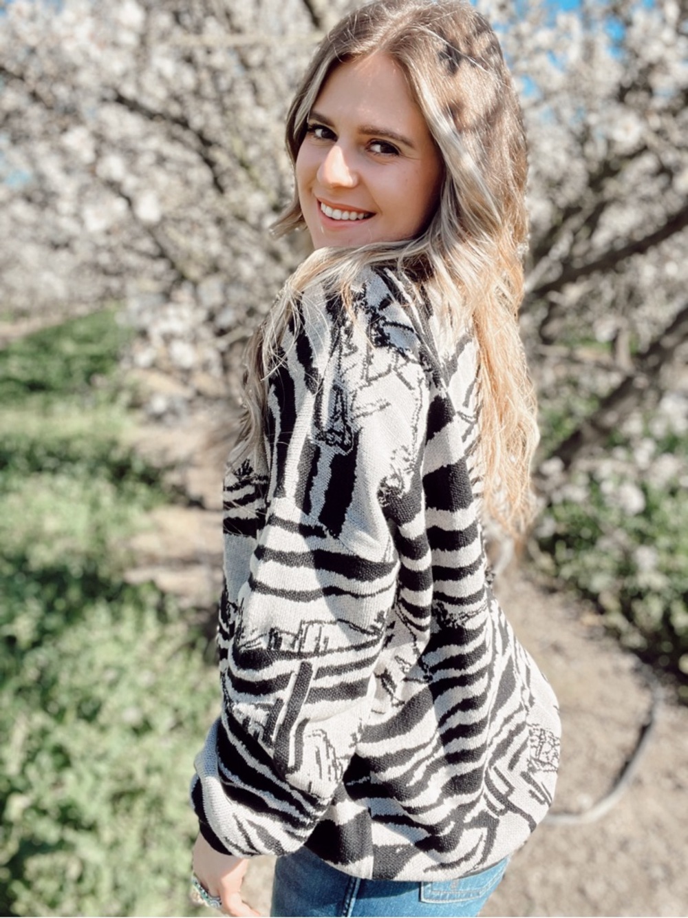 Women's Black & Cream Crew Neck Sweater - Desert Stripe Knit - Picture 5 of 7